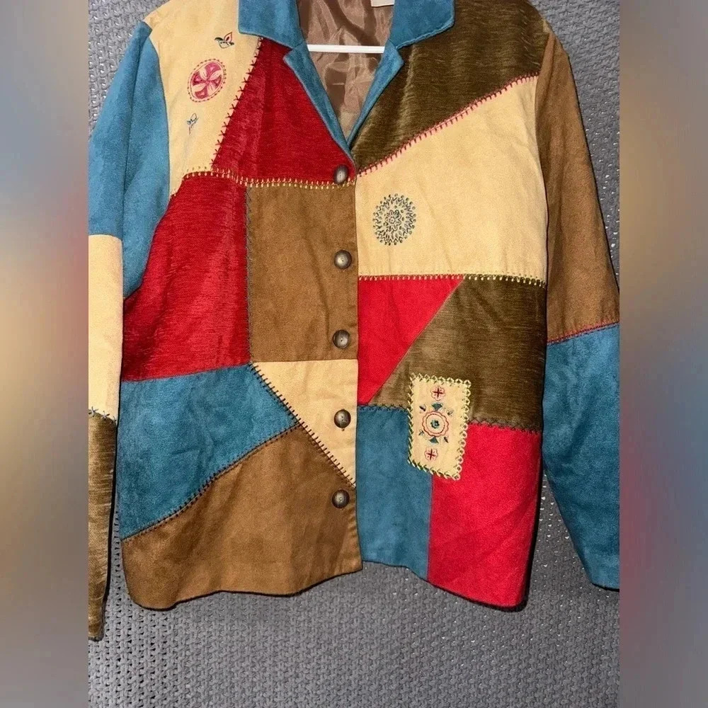 Vintage Koret Women's Jacket Button Notting Hill Multi Color Block Patch Sz L - Picture 2 of 6